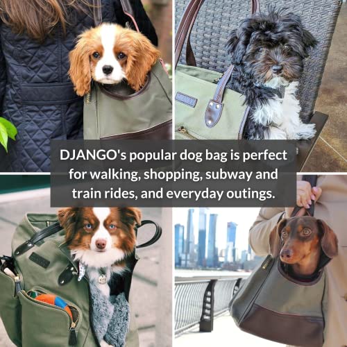 Django Dog Carrier Bag - Waxed Canvas and Leather Soft-Sided Pet Travel Tote with Bag-to-Harness Safety Tether & Secure Zipper Pockets (Large, Olive