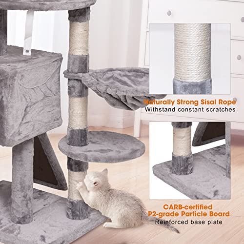 MQ Cat Tree Tower 47.3 in, Multi Level Cat Scratching Post with Condo,  Ladder, Hammock & Plush Perches for Kittens, Adult Cats, Light Gray