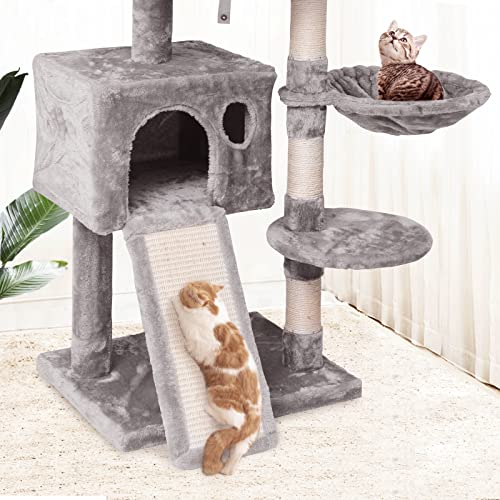 MQ Cat Tree Tower 47.3 in, Multi Level Cat Scratching Post with Condo,  Ladder, Hammock & Plush Perches for Kittens, Adult Cats, Light Gray